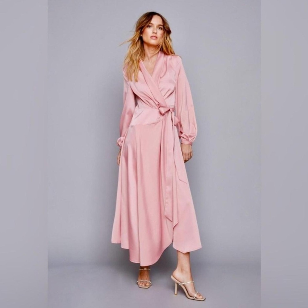 Nasty Gal Pink Wrap Tie Front Dress with Plunge Neckline